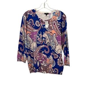 Talbots NWT Cardigan Sweater Women Large Blue Multi Paisley Knit 3/4 Sleeve